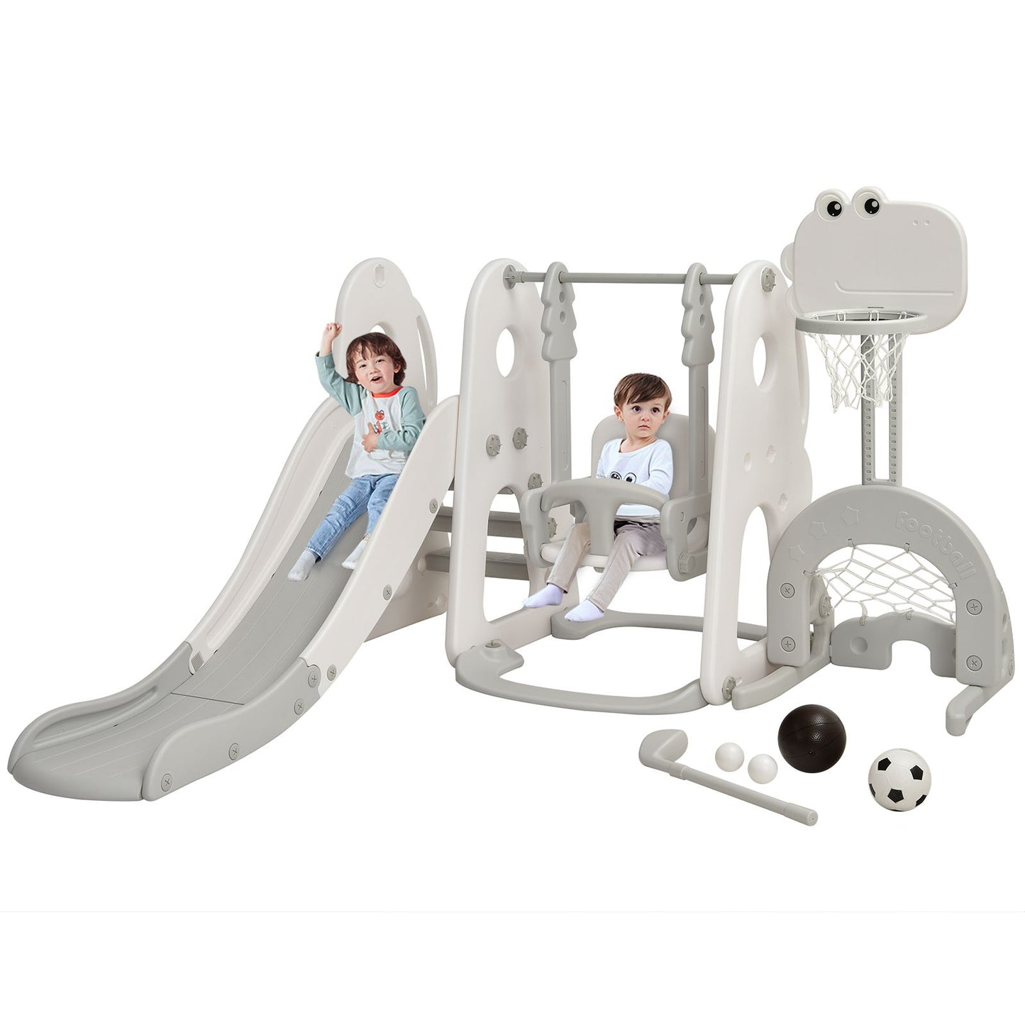 6 in 1 Toddler Slide and Swing Set with Adjustable Basketball Hoop for Indoor