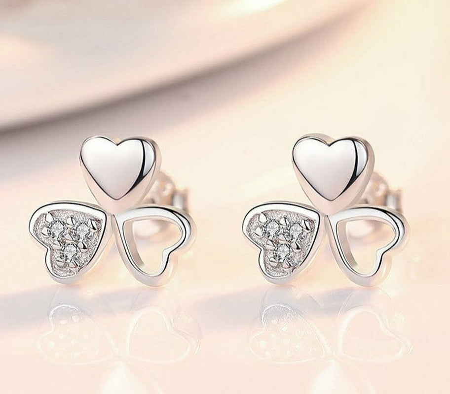 Crystal Love Clover Stud Earrings 925 Sterling Silver Women Girls Jewellery Gift