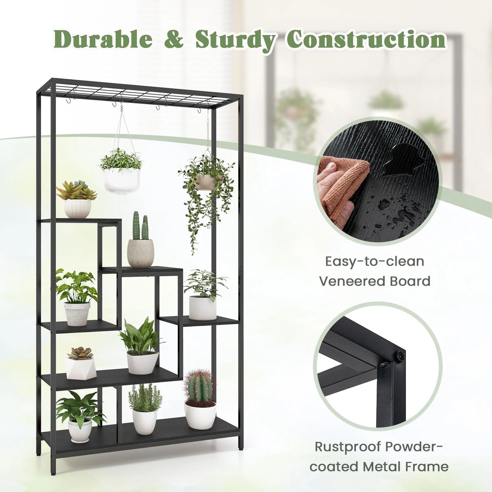 6-Tier Tall Plant Stand with 10 Hanging Hooks and Wire Shelf for Multiple Plants