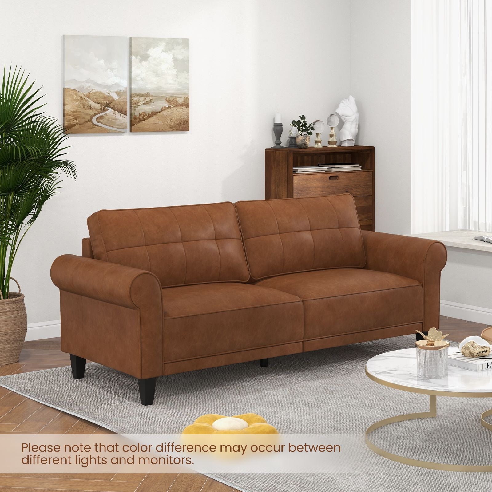 206 Cm PU Leather Sofa Couch with 2 Detachable Back Pillows