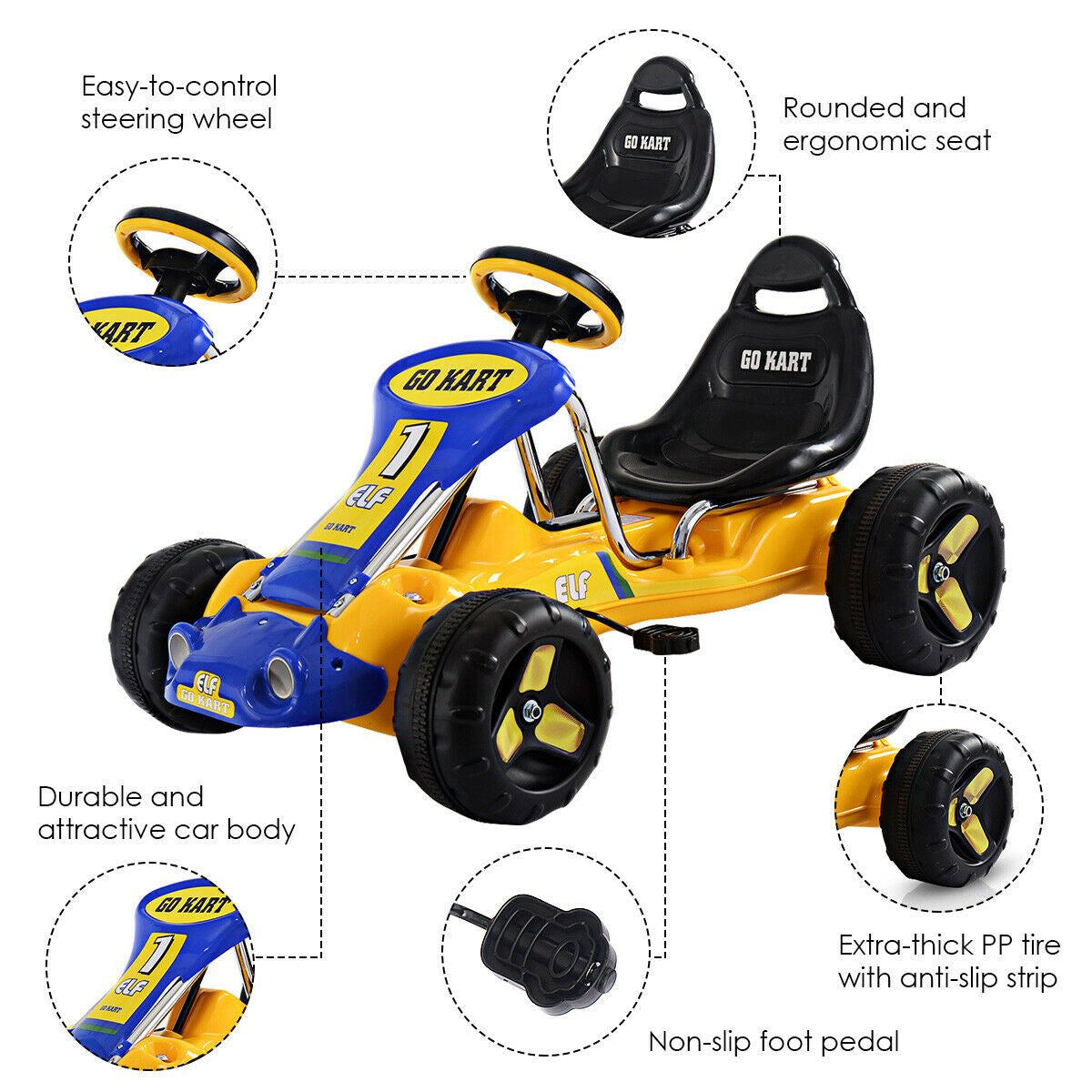 Kids Pedal Go Cart with Adjustable Seat and Non-Slip Wheels