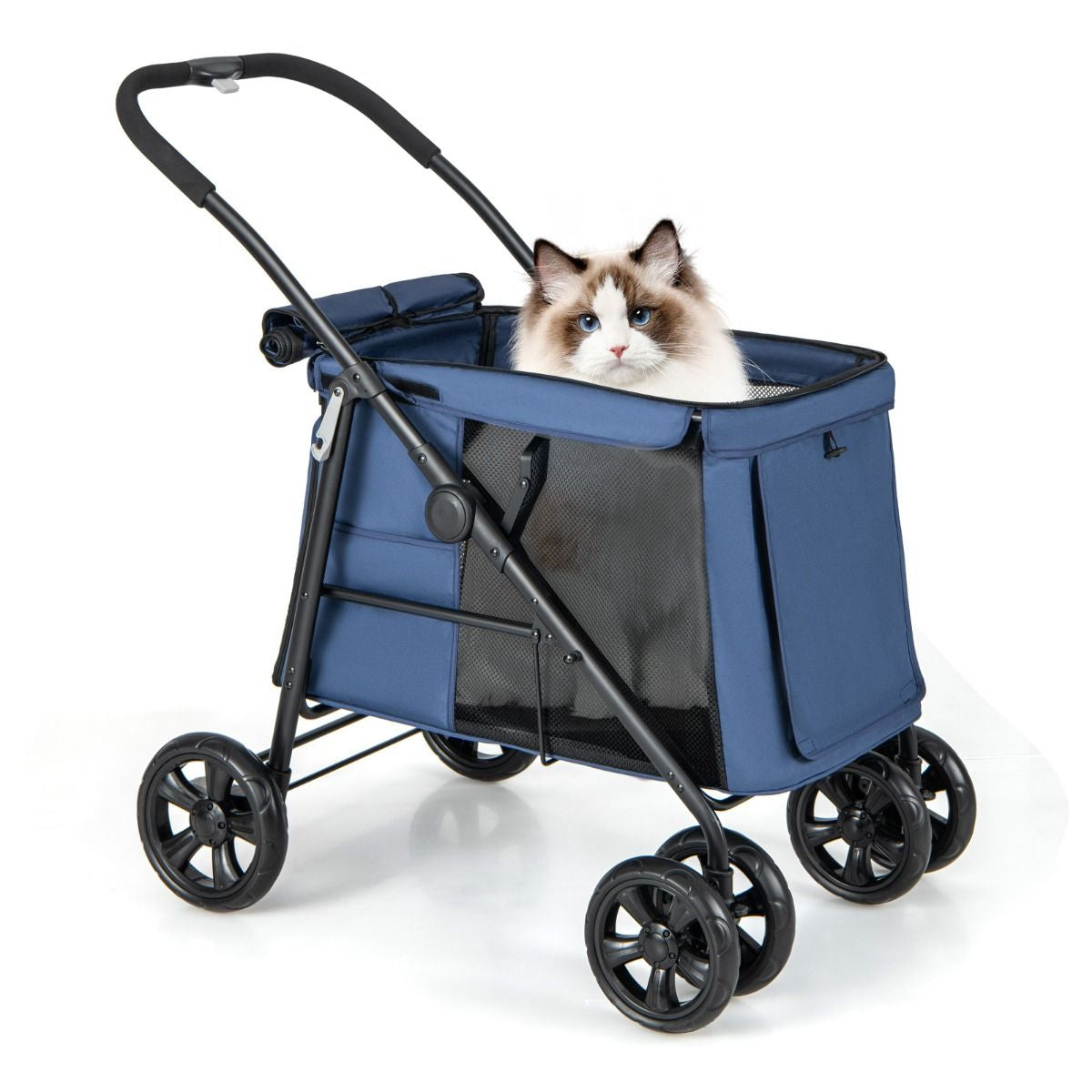 Folding Pet Stroller with Pockets and Skylight for Small Medium Pets