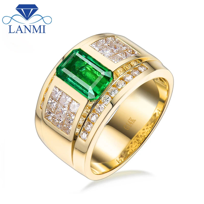 Luxury Natural Colombia Emerald Wedding Men Rings Real 14K Yellow Gold Princess Diamond Engagement Jewels Ring for Husband