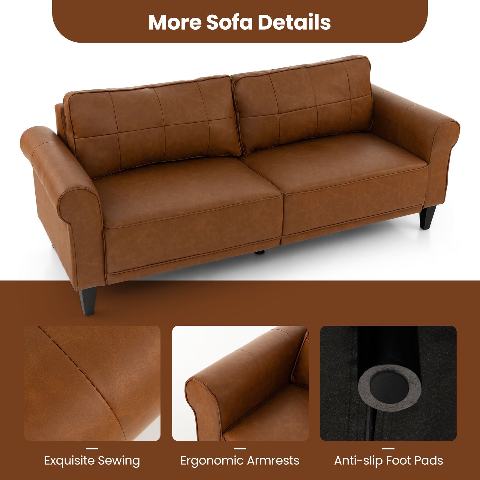 206 Cm PU Leather Sofa Couch with 2 Detachable Back Pillows