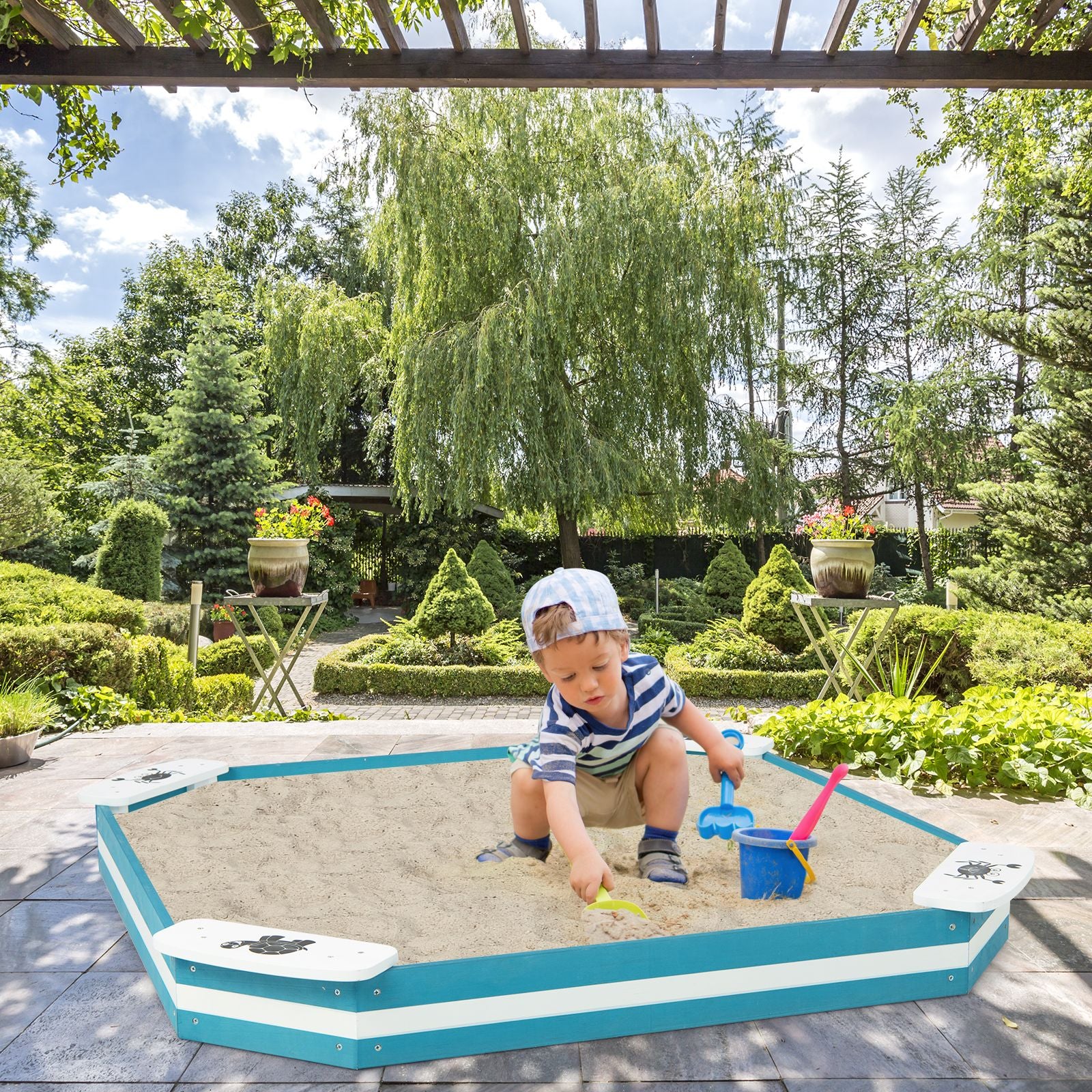 Kids Wooden Sandbox with 4 Built-In Seats for Backyard Sand Play