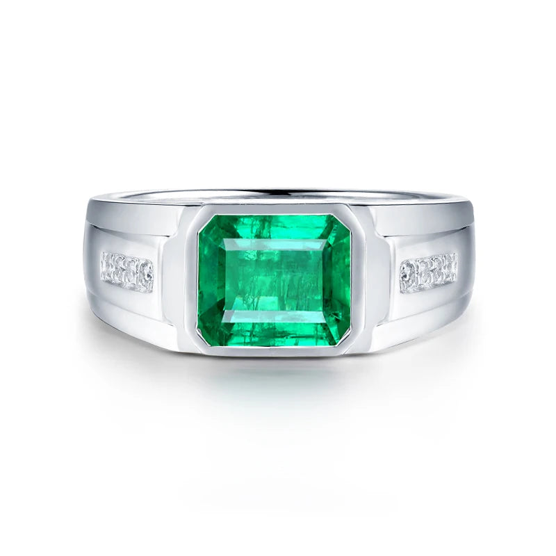 Ring Men Natural Emerald 18Kt Au750 White Gold Male Diamonds Rings for Man Engagement Eternity Husband Ring Gifts