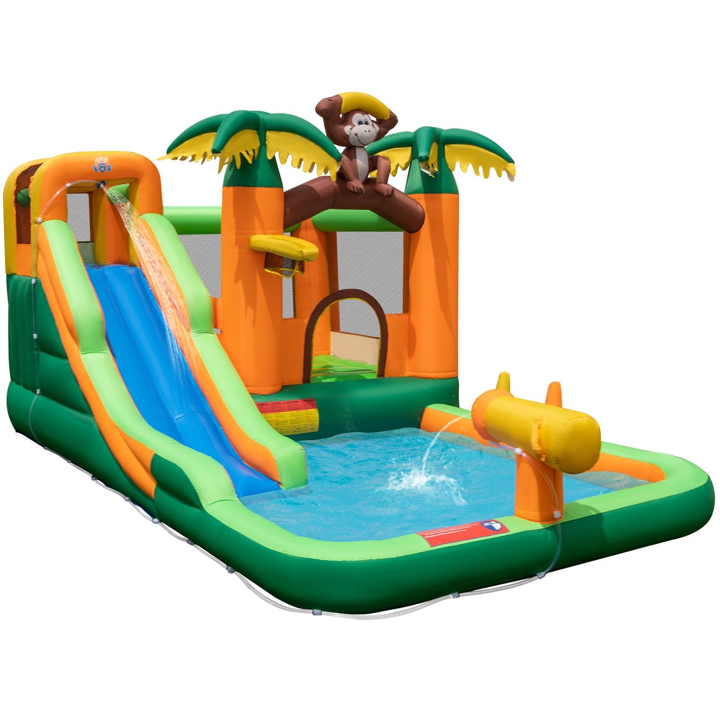 6-In-1 Monkey Themed Inflatable Water Slide Park with Slide and Splash Pool without Blower