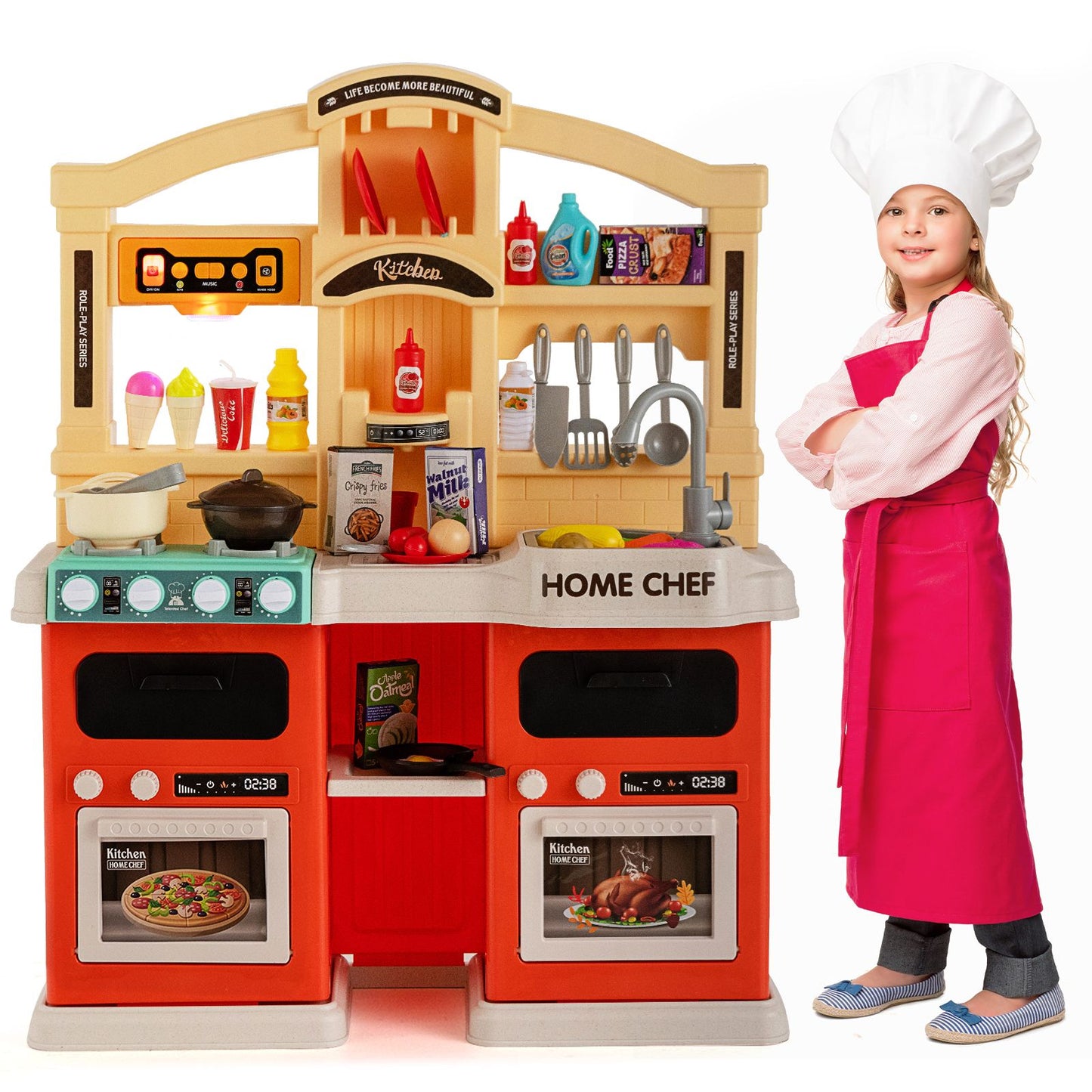 69 Pieces Kids Kitchen Playset Toy with Boiling and Vapor Effects