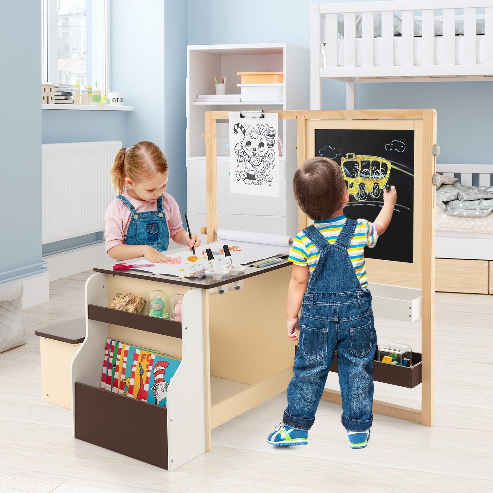 Kids Art Easel Table and Bench Set with Adjustable Easel and Bookshelf