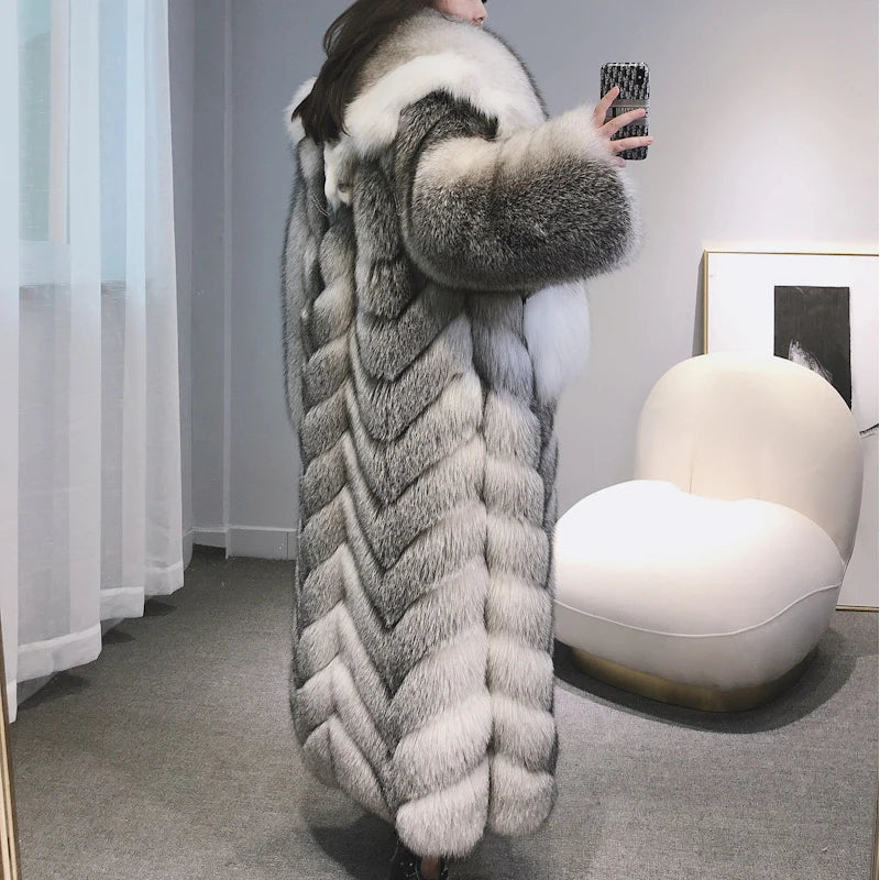 Ladies Long Fur Coat Hooded Women Real Fox Fur Jacket Long New Arrival Long Fur Coat 22-09