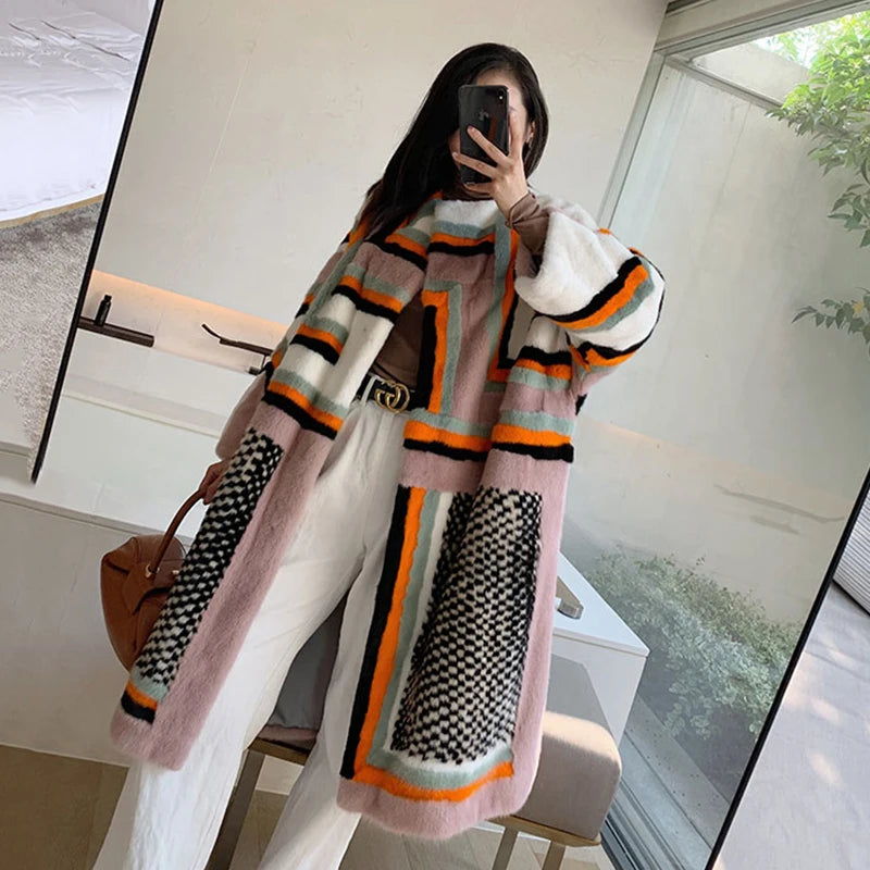 Winter Import Velvet Mink Coat Contrast Color Patchwork Slim Natural Fur Coat Women'S X-Long Real Mink Fur Coats