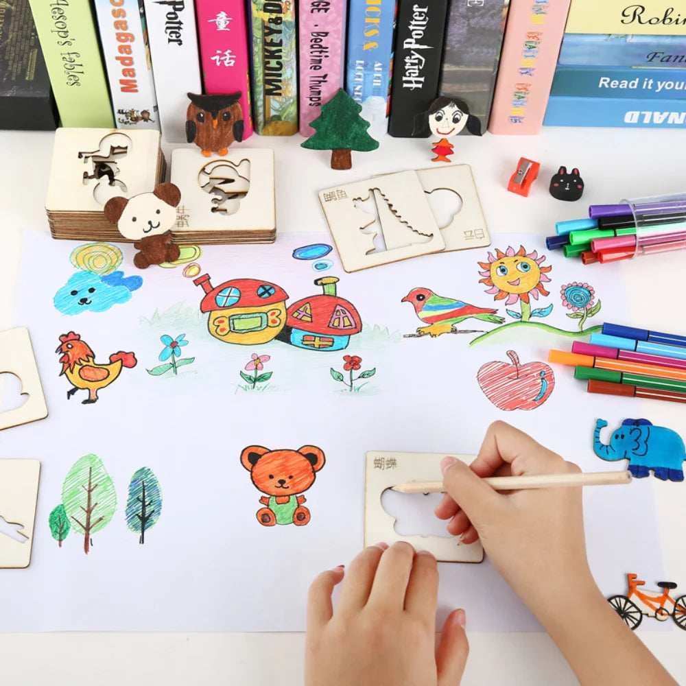 Montessori Kids Toys Drawing Toys Wooden DIY Painting Template Stencils Learning Educational Toys for Children Gift 10/20Pcs