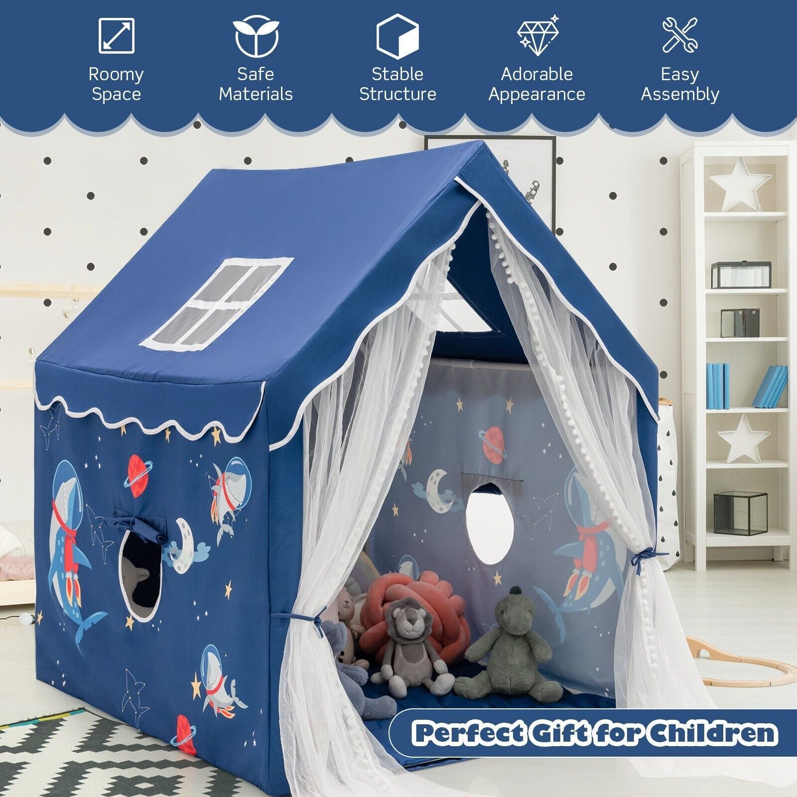 Kids Play Tent with Washable Mat and Windows