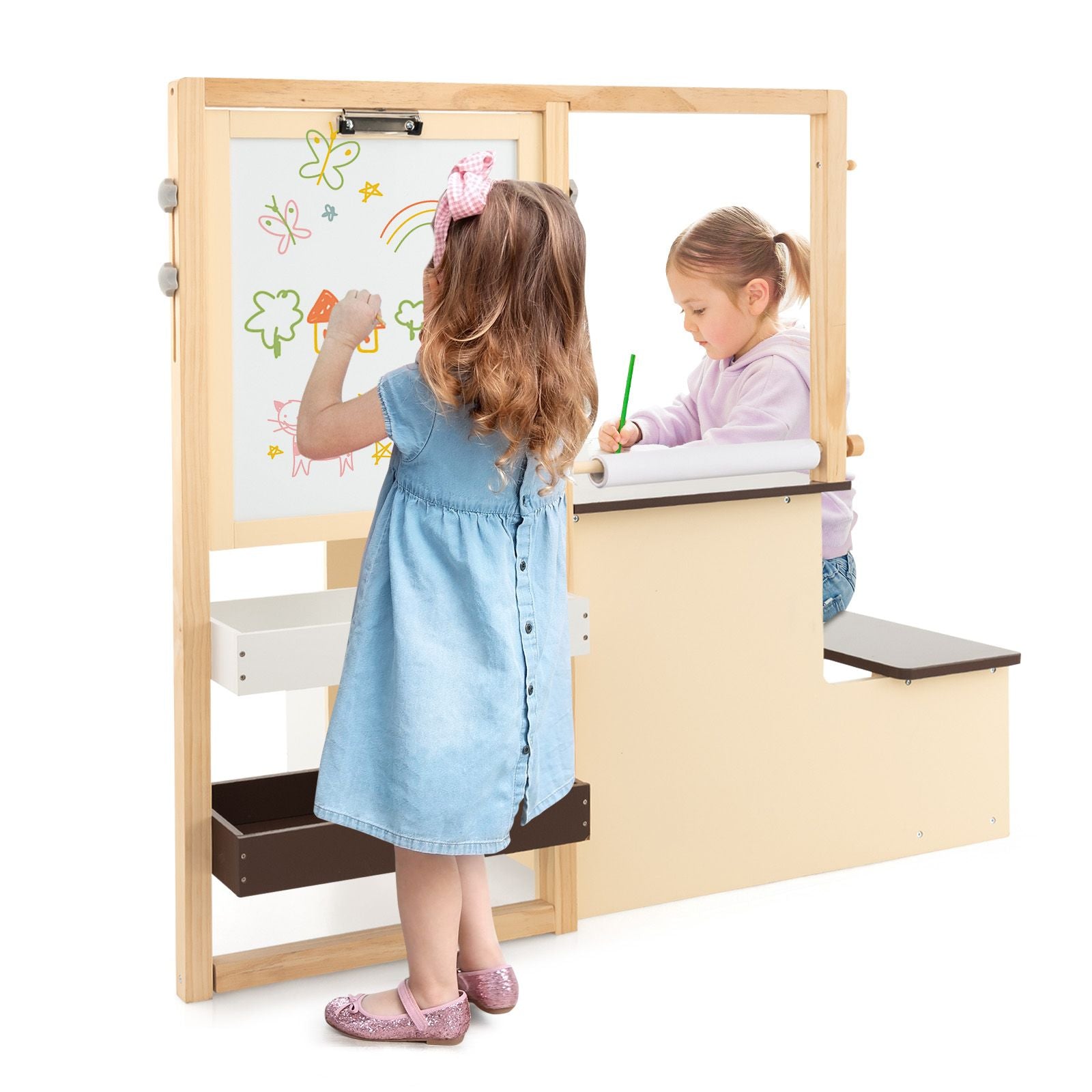 Kids Art Easel Table and Bench Set with Adjustable Easel and Bookshelf