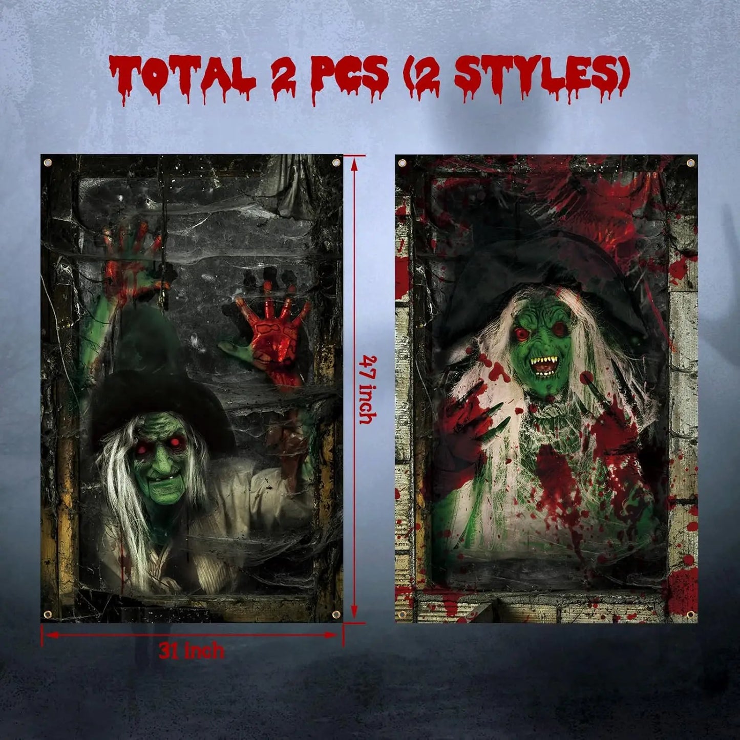 2 Pcs Scary Halloween Curtain Halloween Window Silhouette Decoration Blood Halloween Horror Halloween Window Poster Fo(Witch)