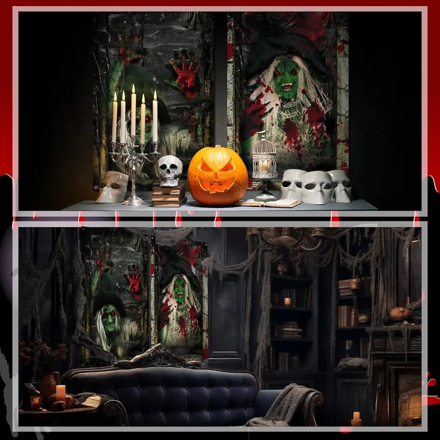 2 Pcs Scary Halloween Curtain Halloween Window Silhouette Decoration Blood Halloween Horror Halloween Window Poster Fo(Witch)