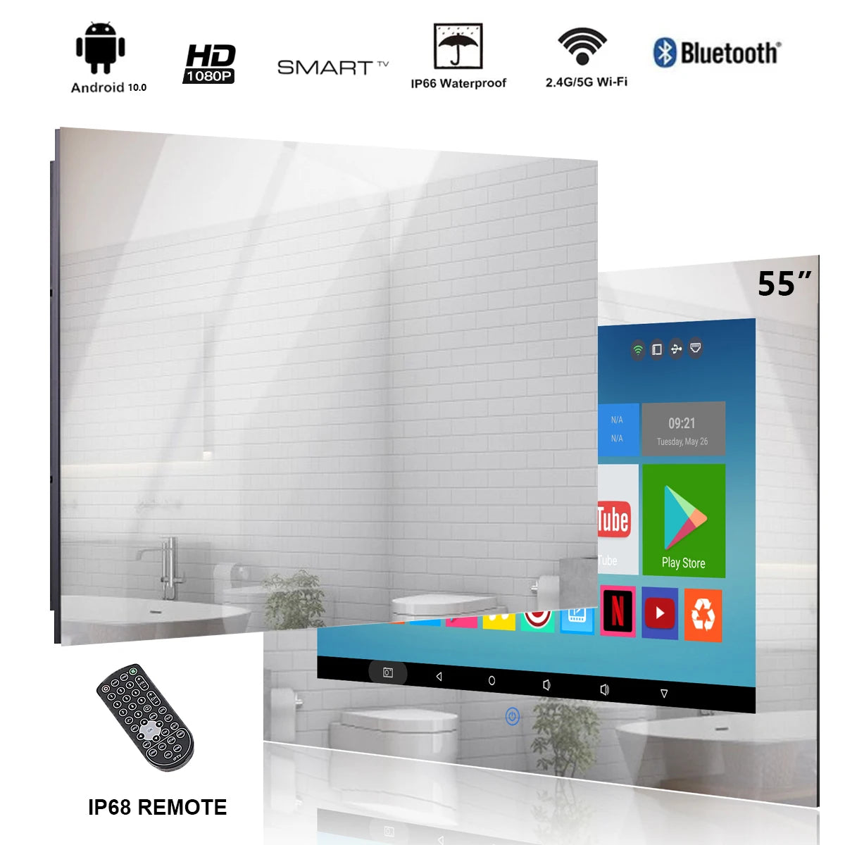 55 Inch Waterproof Mirror TV, Smart Android 11.0 Television Full HD 1080P Built-In Wi-Fi Bluetooth Waterproof Speakers