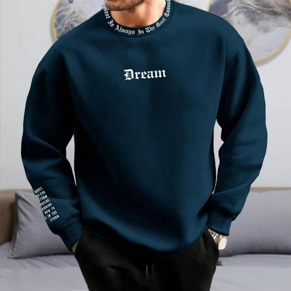 Men Fall Winter Sweatshirt round Neck Long Sleeve Men Top Letter Print Thick Loose Warm Mid Length Men Casual Top