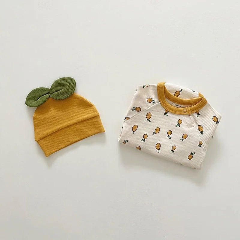 Newborn Baby Clothes Lemon Print Baby Bodysuit Cute Baby Hat Toddler Boys Bodysuit Set Baby Indoor Clothes