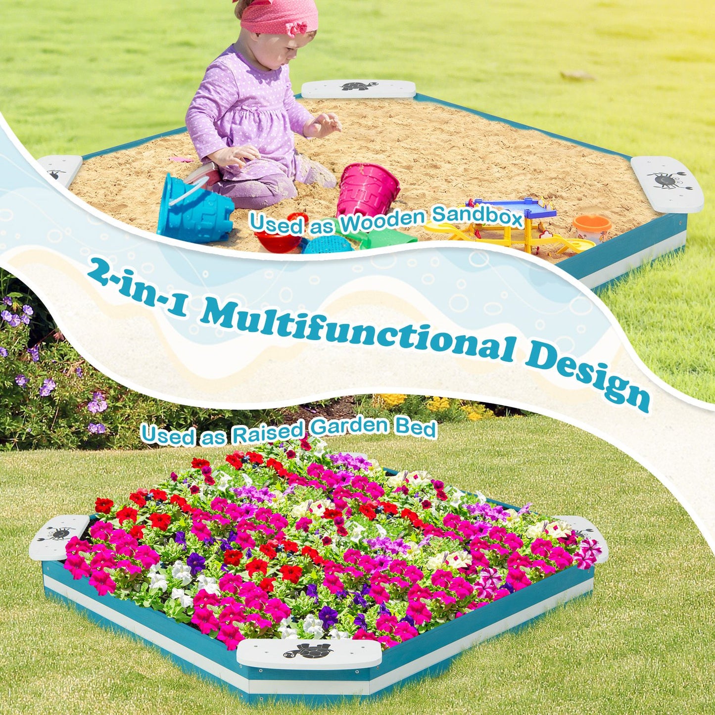 Kids Wooden Sandbox with 4 Built-In Seats for Backyard Sand Play