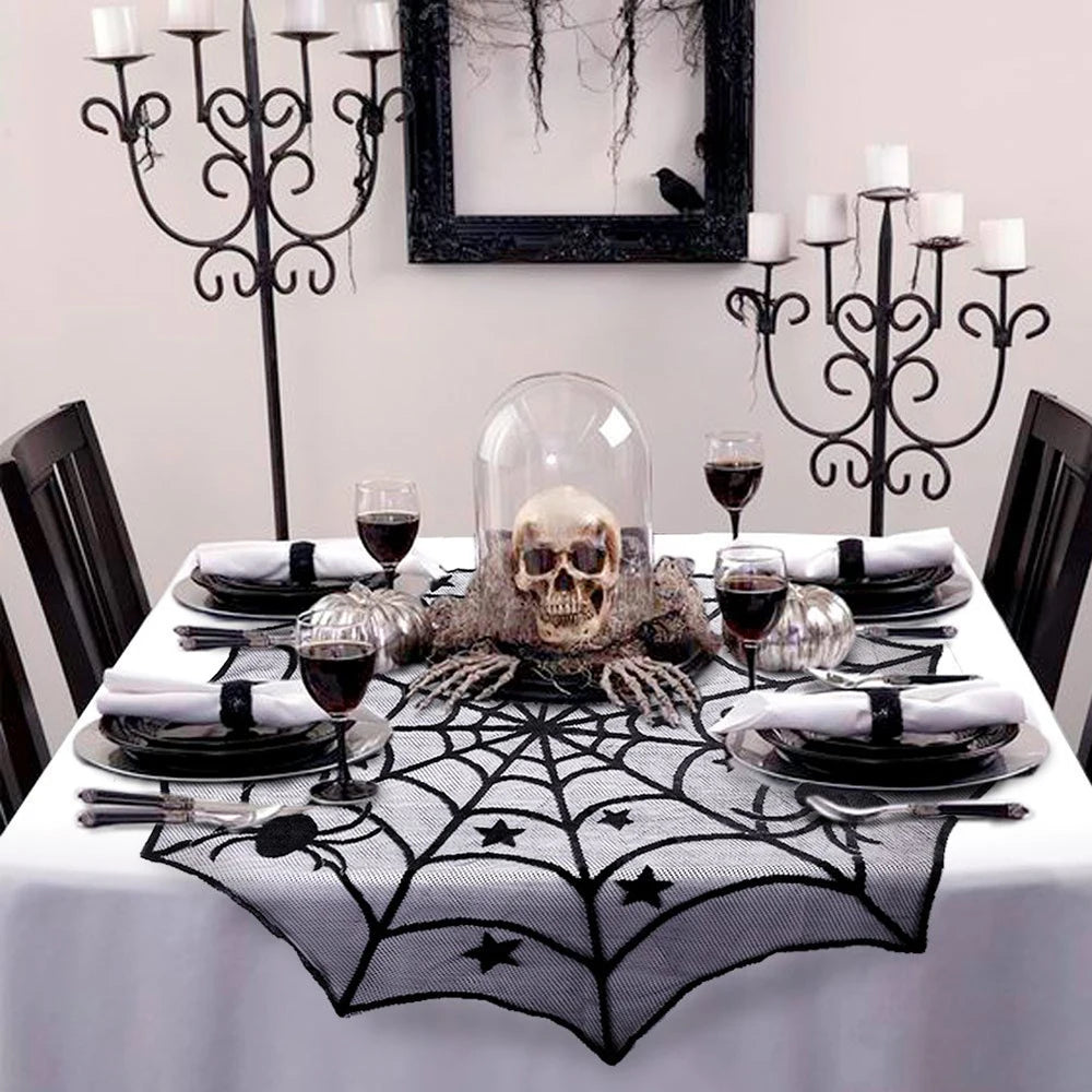 Halloween Lace Spider Web Table Runner Tablecloth Halloween Black Fireplace Mantel Cover for Home Party Halloween Decoration