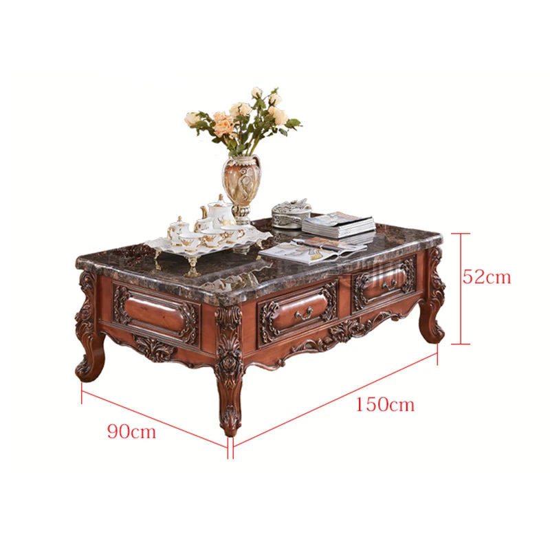 European Style Marble Coffee Table TV Cabinet Set Living Room Solid Wood American Kung Fu Tea Table Small Apartment