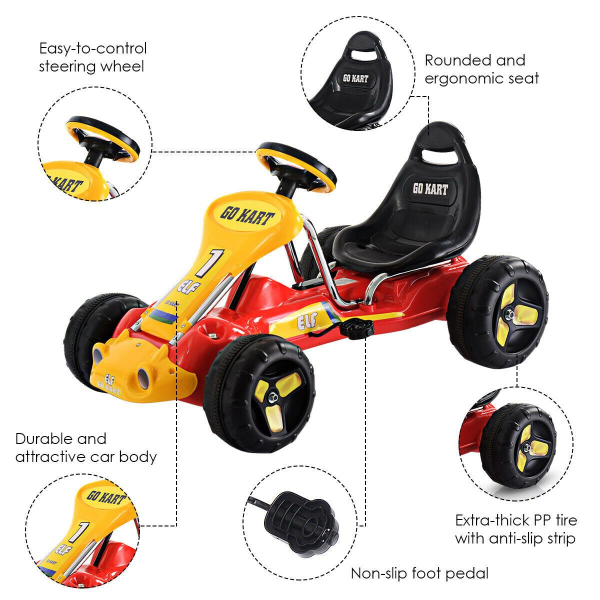 Kids Pedal Go Cart with Adjustable Seat and Non-Slip Wheels