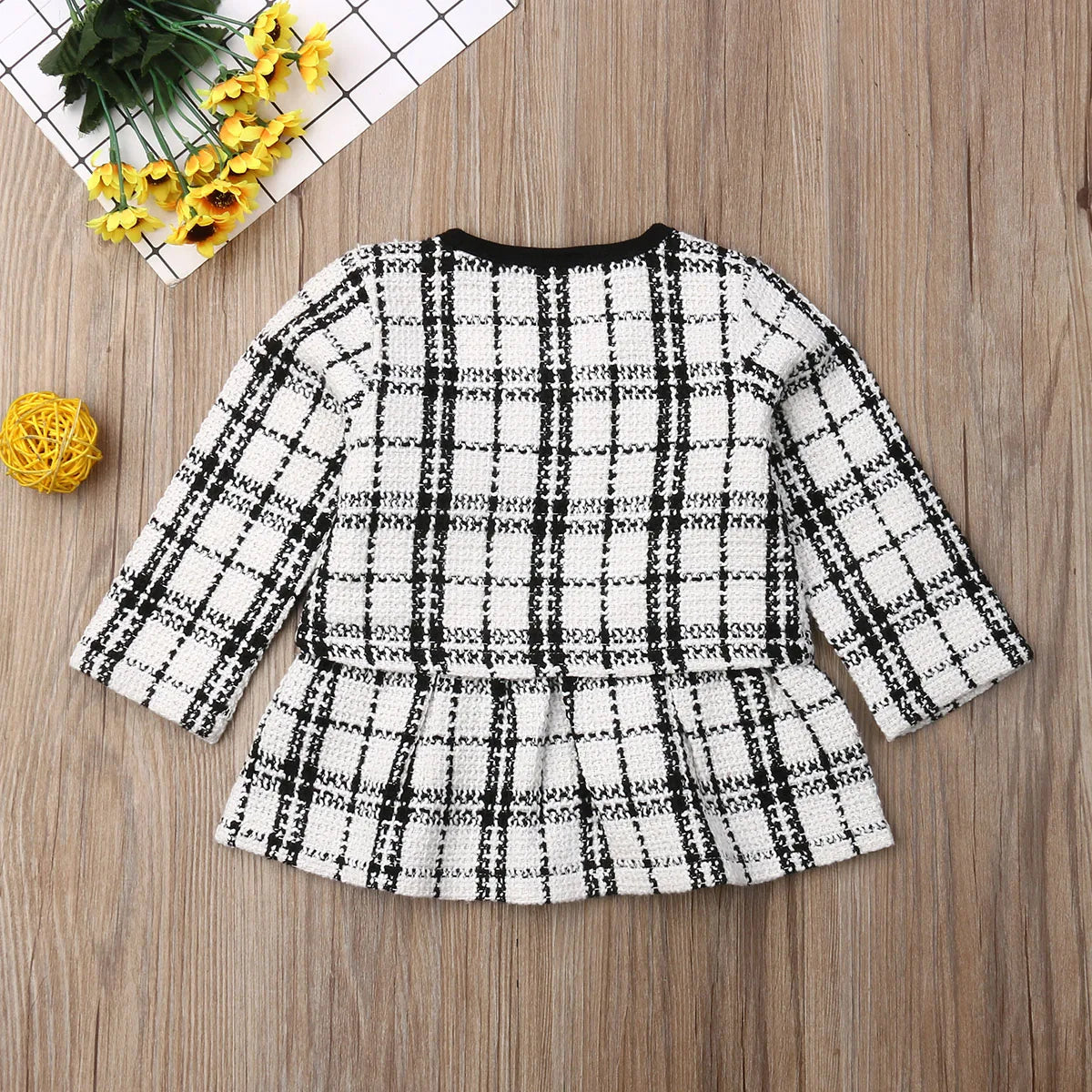 1-7Y Kids Girls Autumn Clothes Sets Baby Plaid Jacket Coat Tops + Long Sleeve A-Line Dress Children Party Dresses Outfits