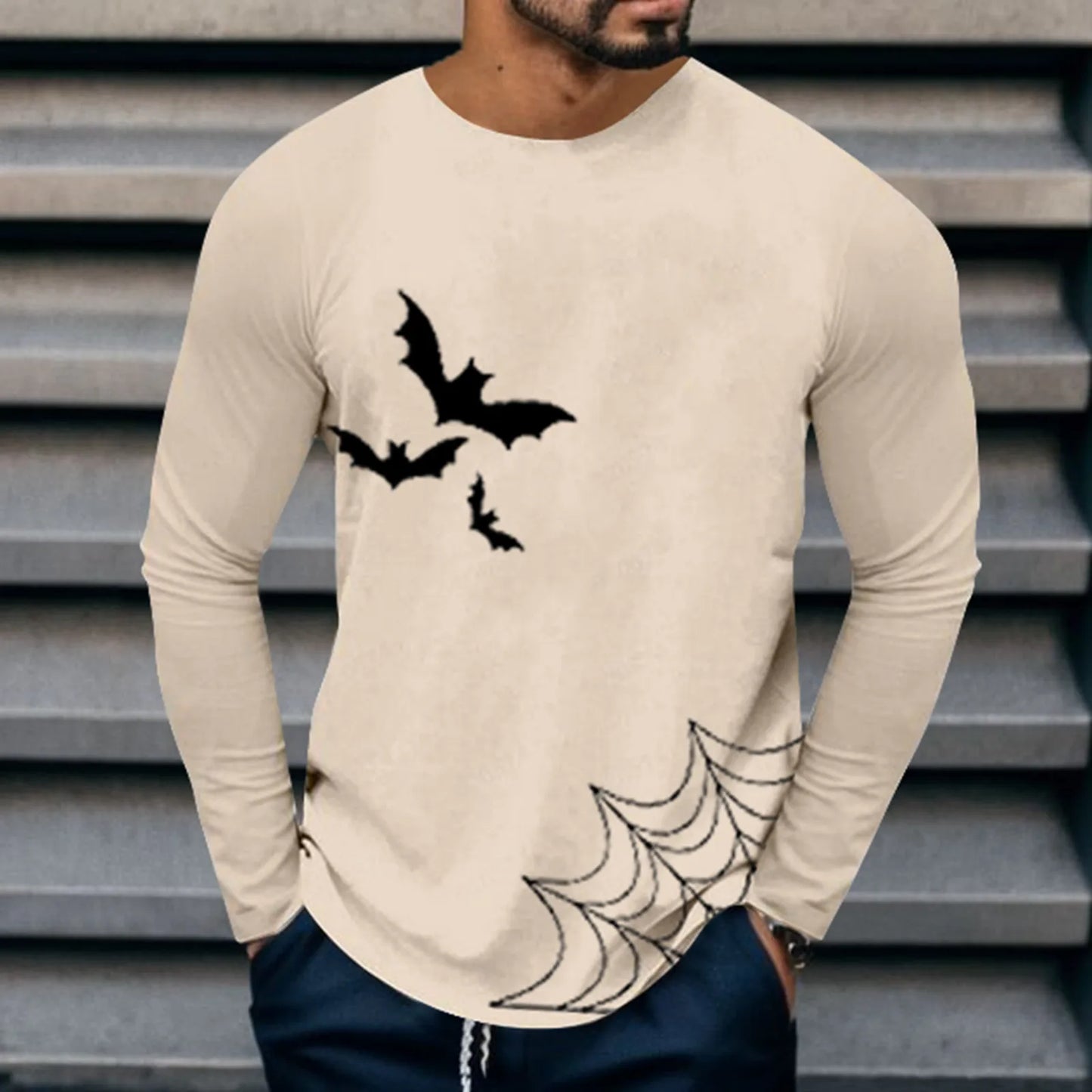 Men's Halloween Batnet Printed Long Sleeve Crewneck