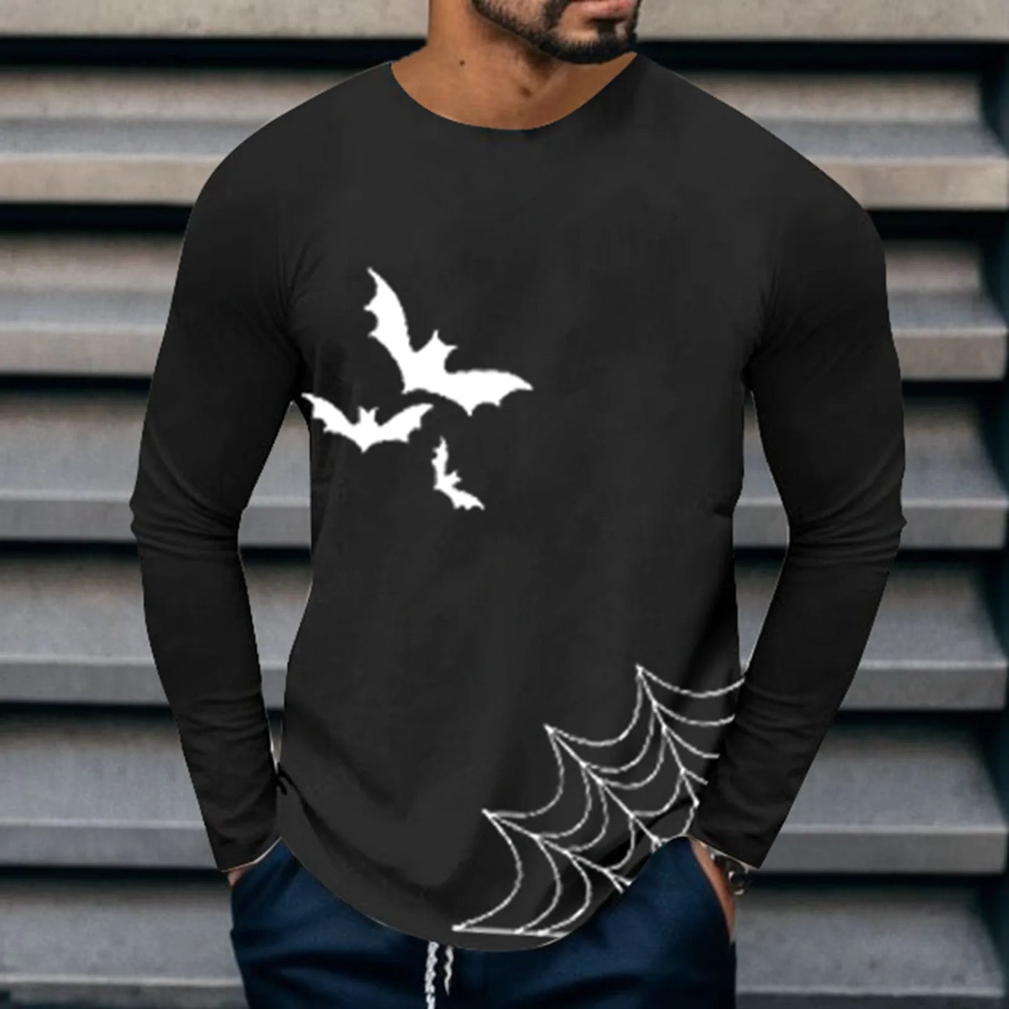 Men's Halloween Batnet Printed Long Sleeve Crewneck