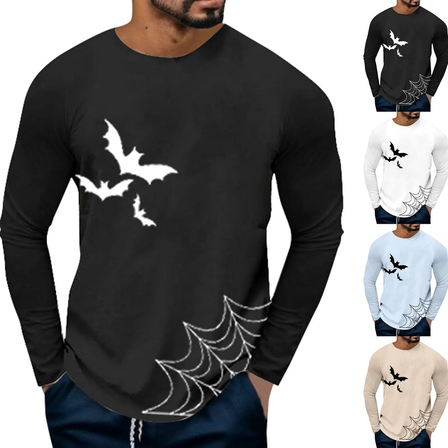 Men's Halloween Batnet Printed Long Sleeve Crewneck