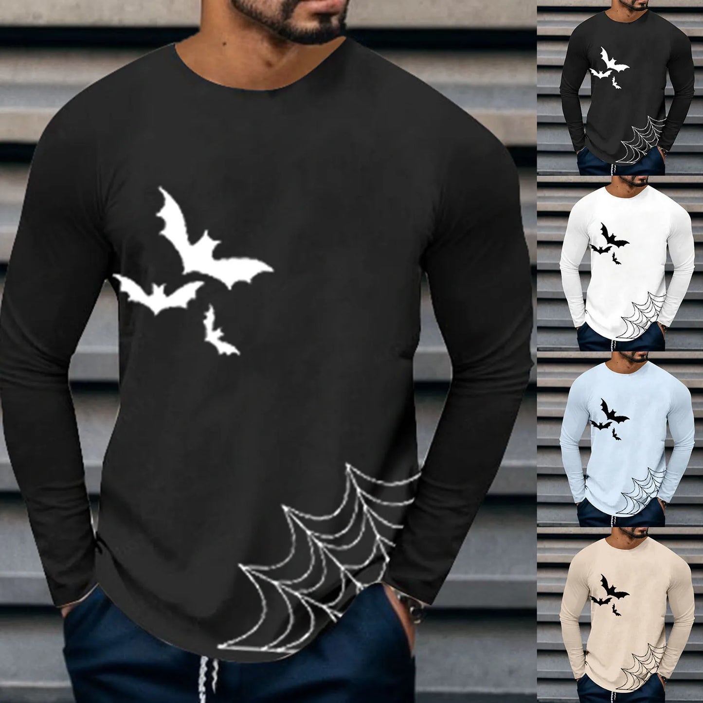 Men's Halloween Batnet Printed Long Sleeve Crewneck