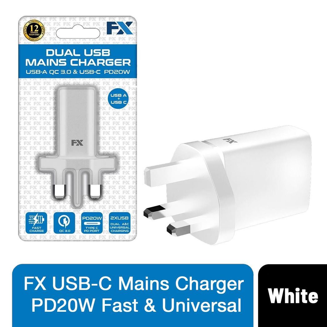 FX USB-C Mains Charger, PD20W Fast & Universal Compatible, White