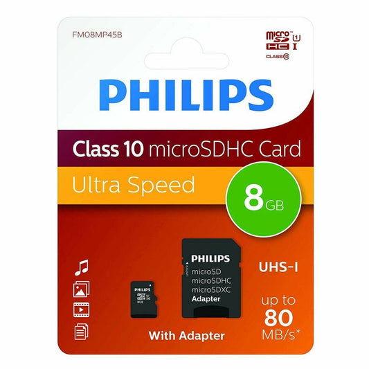 Philips Micro SDHC Class 10 Ultra Speed Memory Card with Adapter, 8 GB