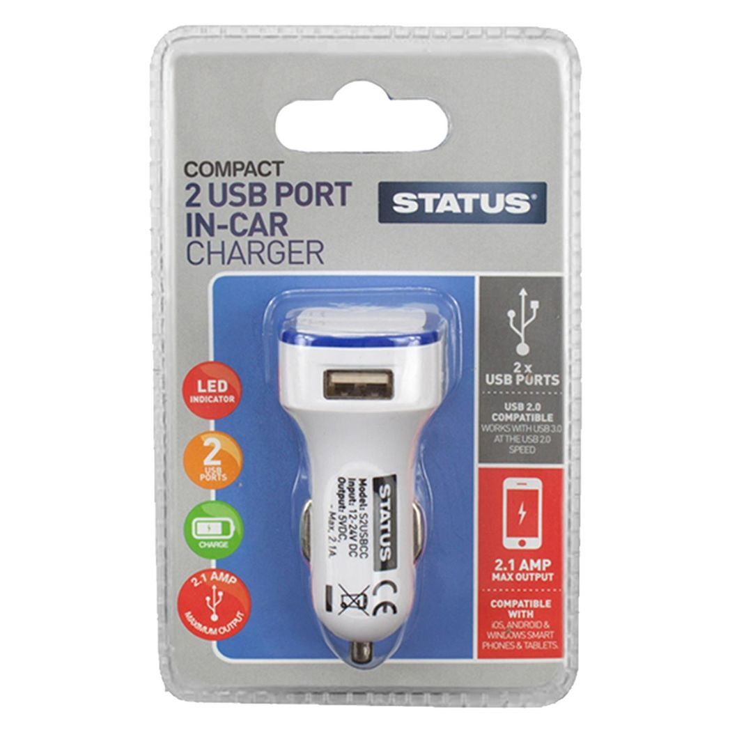 Status 2 Port USB Car Charger White 2.1mA