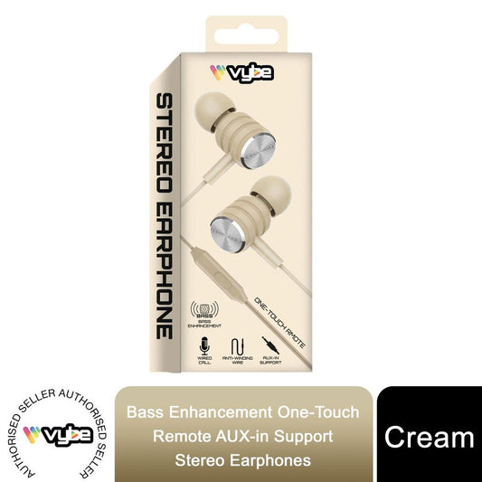 Vybe Bass Enhancement One-Touch Remote AUX-in Support Stereo Earphones - Cream