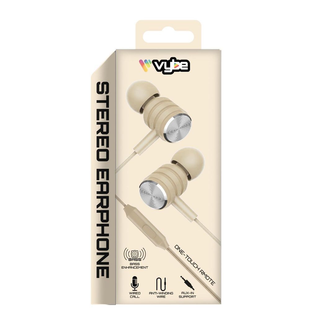 Vybe Bass Enhancement One-Touch Remote AUX-in Support Stereo Earphones - Cream