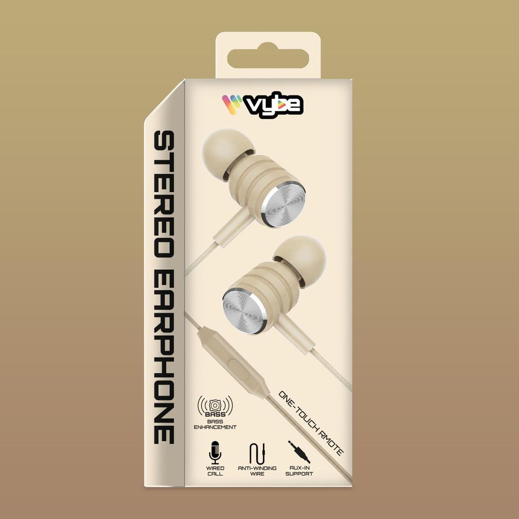 Vybe Bass Enhancement One-Touch Remote AUX-in Support Stereo Earphones - Cream