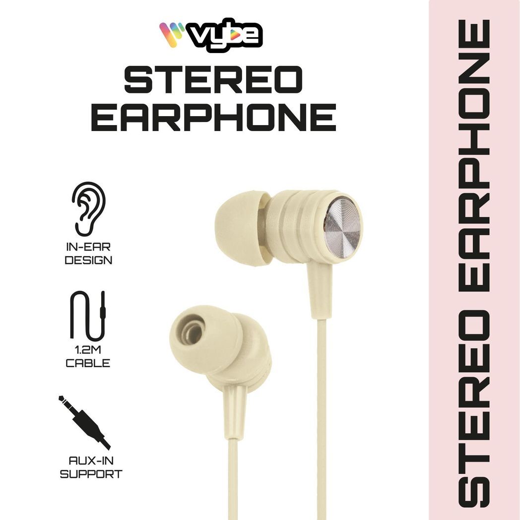 Vybe Bass Enhancement One-Touch Remote AUX-in Support Stereo Earphones - Cream