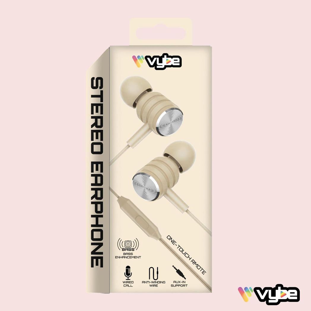 Vybe Bass Enhancement One-Touch Remote AUX-in Support Stereo Earphones - Cream