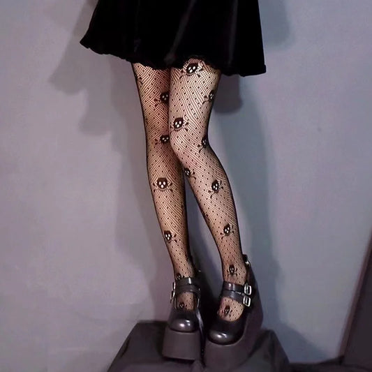 Cute Black Mesh Tights with Skull