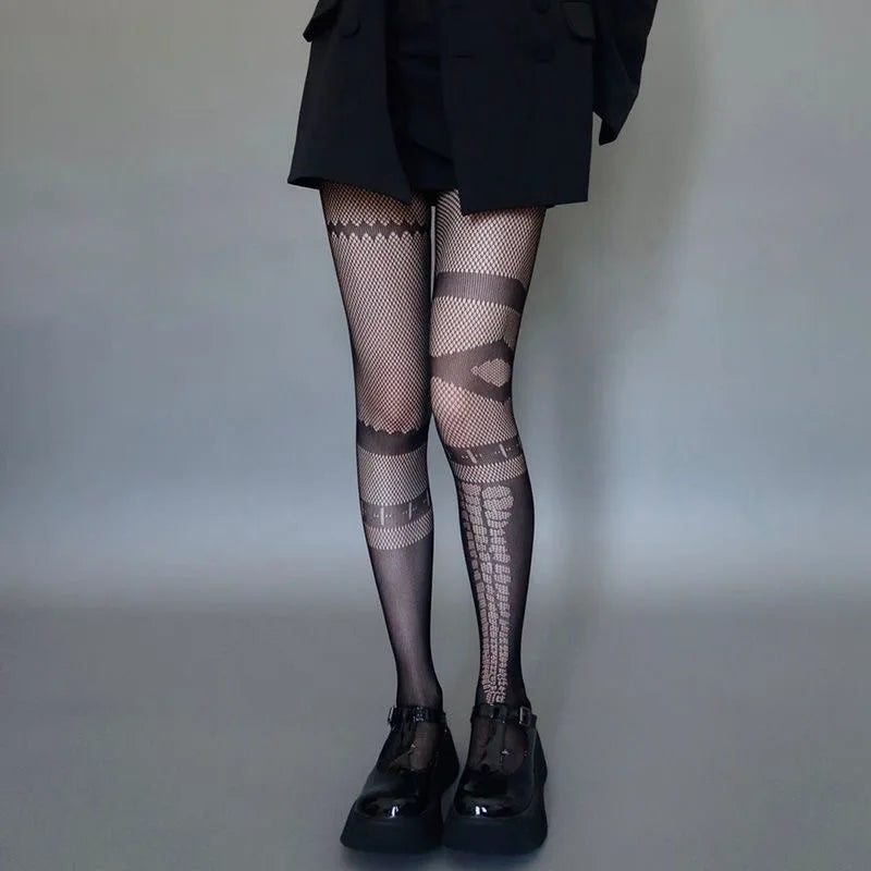 Cute Black Mesh Tights with Skull