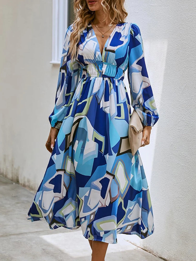 Floral Print Dress Women Long Sleeve Maxi Dress Female Elegant V-Neck Dresses Casual Loose Robe