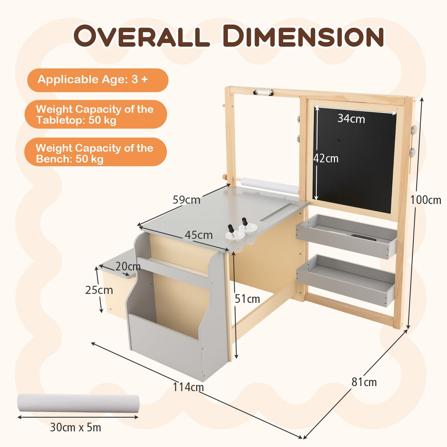 Kids Art Easel Table and Bench Set with Adjustable Easel and Bookshelf