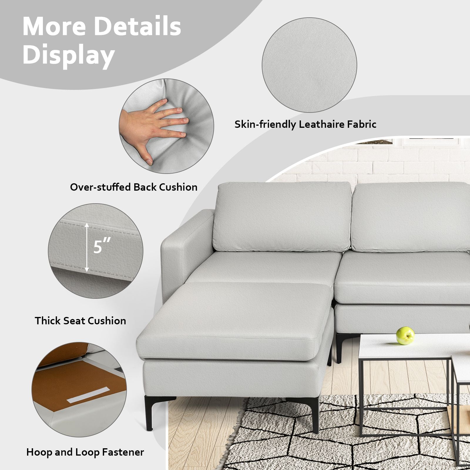 Modular L-Shaped Sofa with Chaise, Reversible Ottoman, Built-In Socket