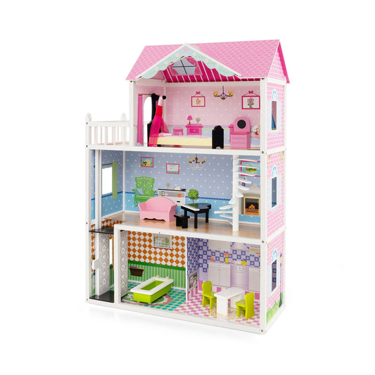 Wooden Dollhouse with Working Elevator and Rotatable Staircase