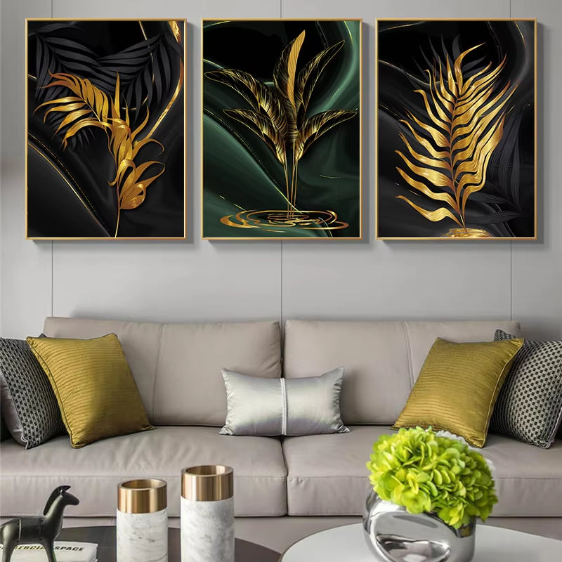 Plant Leaf Luxury Canvas Painting Home Decor Nordic Wall Art Abstract Black Green Wall Backdrop Poster and Print for Living Room