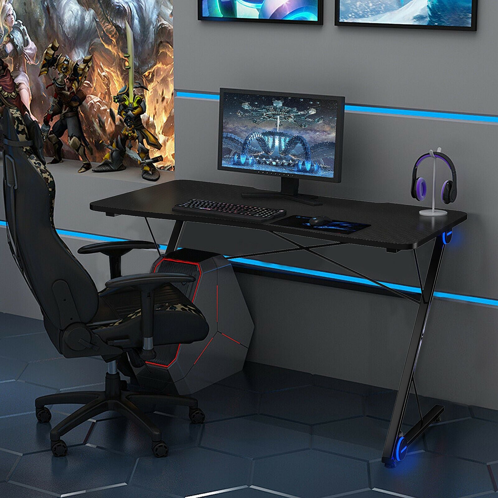 Z-Shaped Ergonomic Gaming Desk with Blue Lights