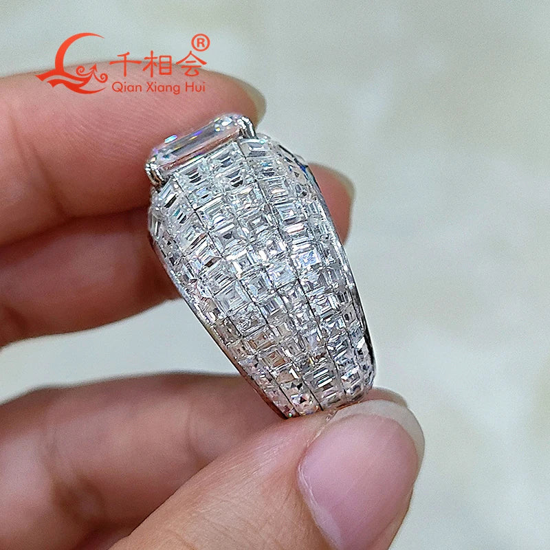 10K 14K 18K Real White Gold Borderless Tessellation Rectangle Invisible Setting Full Moissanite Ring Men Women Male Wedding