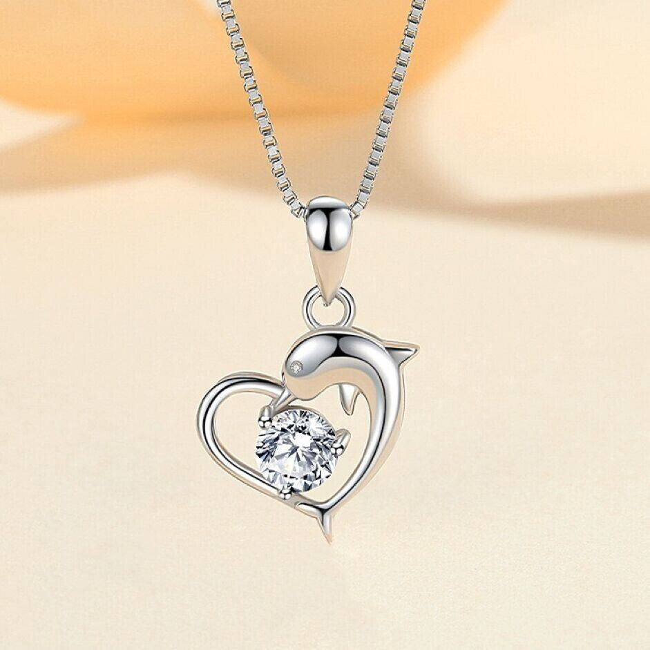 925 Sterling Silver Crystal Heart Dolphin Pendant Necklace Women Jewellery Gift